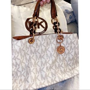 White & Tan Michael Kors Satchel Bag
